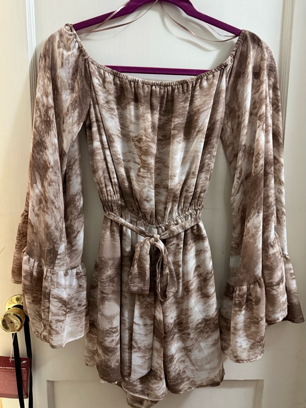 Women’s Off-Shoulder Tie-Waist Dress Romper in Taupe Marble